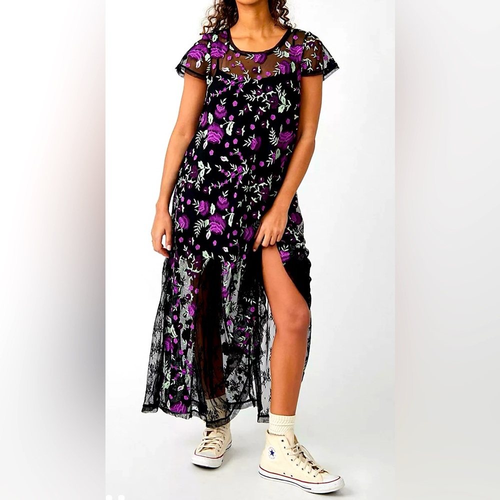 Free People / Sky Bright Sheer Maxi Dress / Boho Floral Embroidered Midi Dress